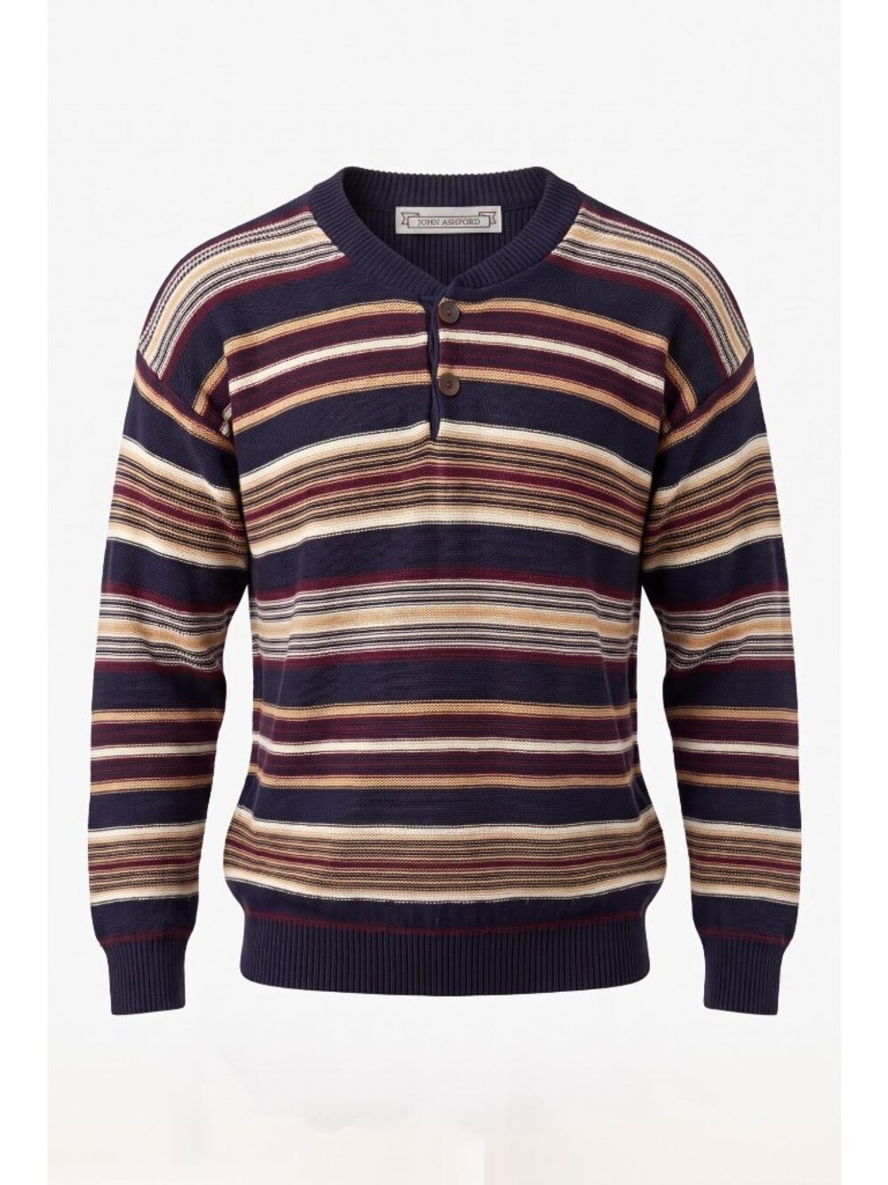 John Ashford Men Large Striped Henley Sweater Heavyweight Cotton Pullover NWOT L